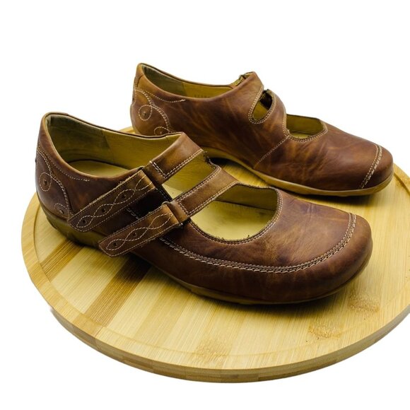 Durea Women Brown Leather Embroidered Iris Mary Jane Walking Shoes Sz 7.5 US - Picture 1 of 9